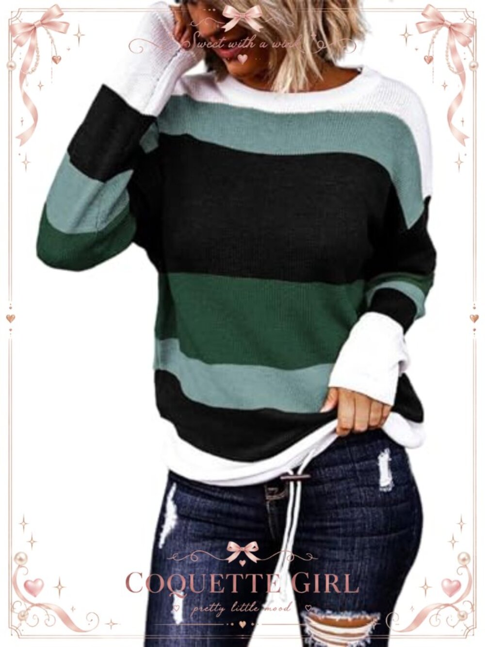 Dokotoo Women's Striped Knit Sweater Pullover Drawstring Hem Loose Fit